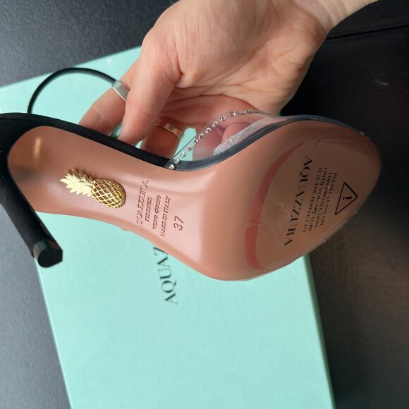 NWT Aquazzura Ray Of Light Sandals Plexi Crystal Peep Toe 105 Black Suede/PVC - Picture 5 of 13